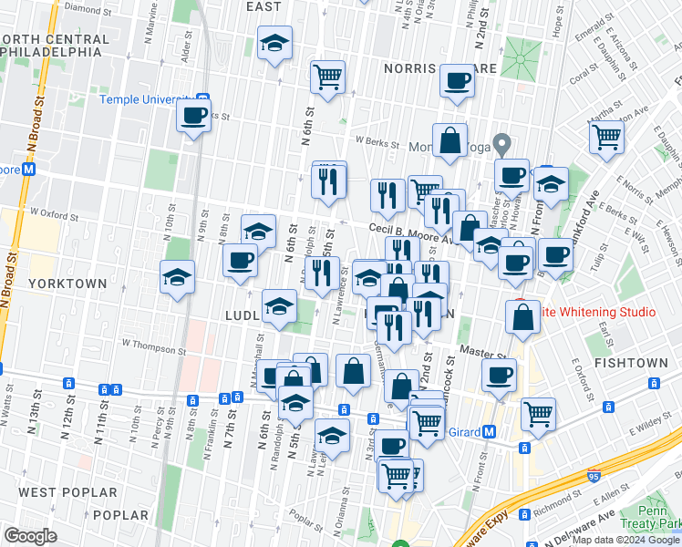 map of restaurants, bars, coffee shops, grocery stores, and more near 1542 North Lawrence Street in Philadelphia