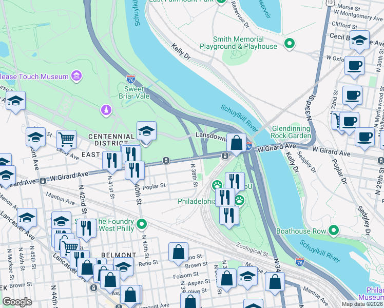map of restaurants, bars, coffee shops, grocery stores, and more near 3801 West Girard Avenue in Philadelphia