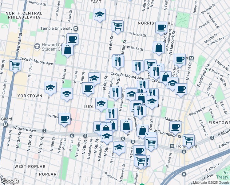map of restaurants, bars, coffee shops, grocery stores, and more near 1516 North 5th Street in Philadelphia