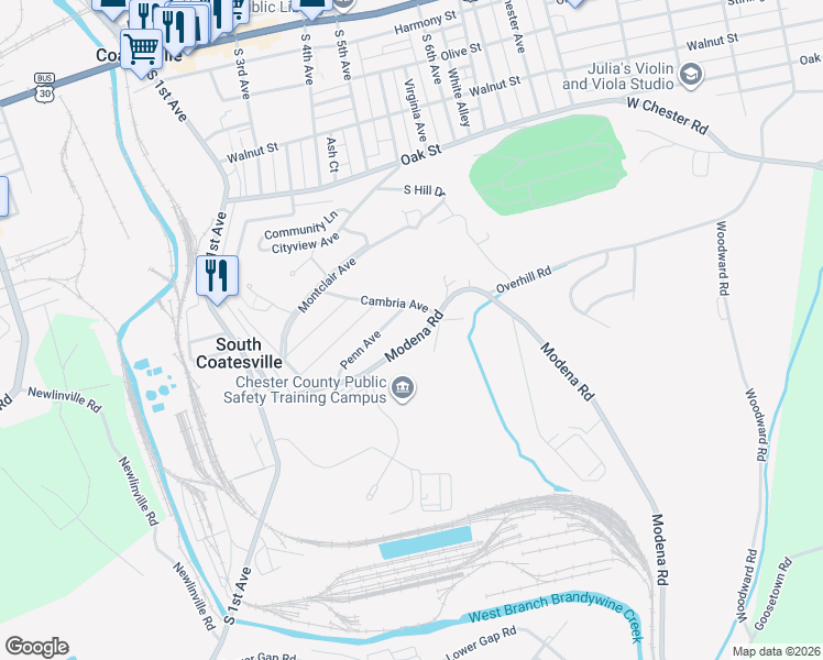 map of restaurants, bars, coffee shops, grocery stores, and more near 1 Cambria Avenue in Coatesville