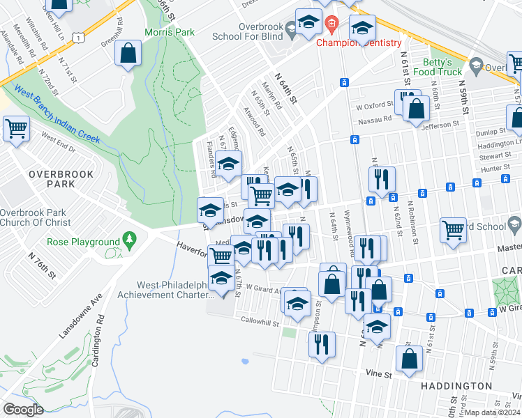 map of restaurants, bars, coffee shops, grocery stores, and more near 811 North 66th Street in Philadelphia