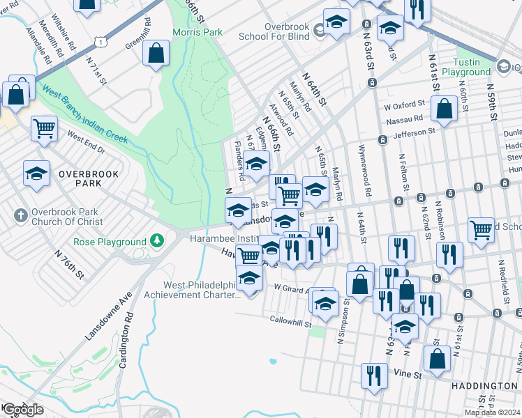 map of restaurants, bars, coffee shops, grocery stores, and more near 6650 Leeds Street in Philadelphia