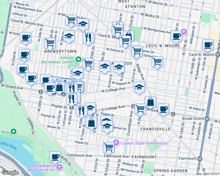 map of restaurants, bars, coffee shops, grocery stores, and more near 1263 North 23rd Street in Philadelphia