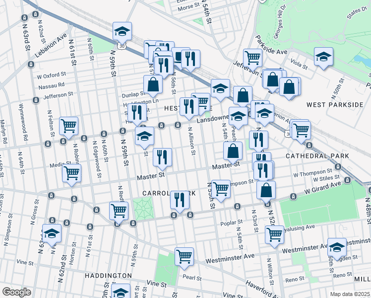 map of restaurants, bars, coffee shops, grocery stores, and more near 5549 Media Street in Philadelphia