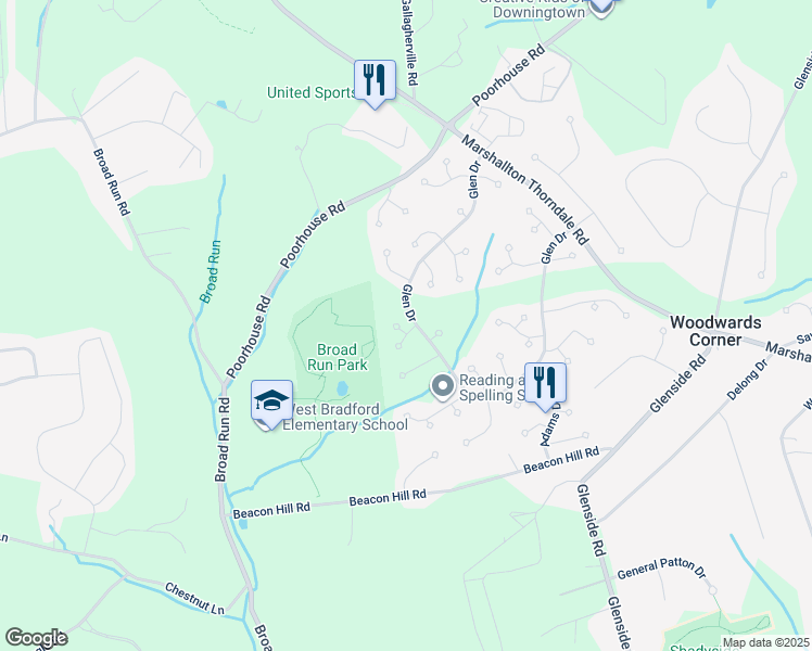 map of restaurants, bars, coffee shops, grocery stores, and more near 1500 Clifford Circle in Downingtown