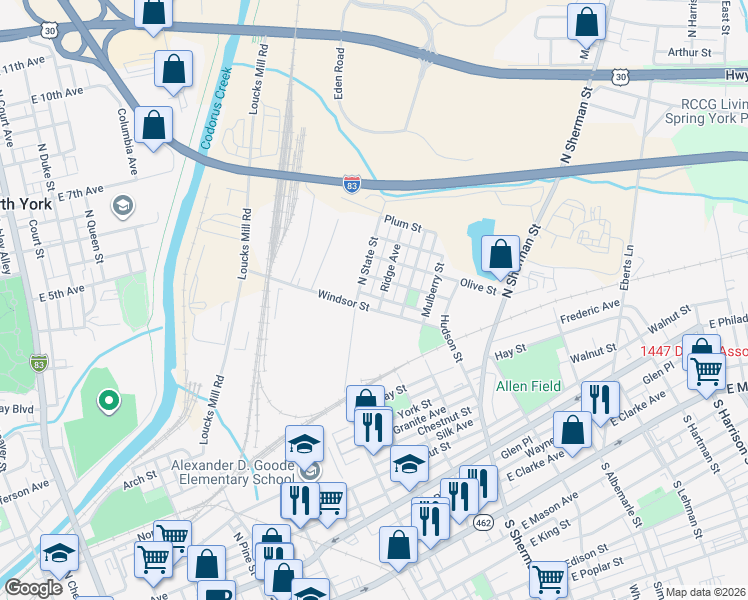 map of restaurants, bars, coffee shops, grocery stores, and more near 612 Ridge Avenue in York