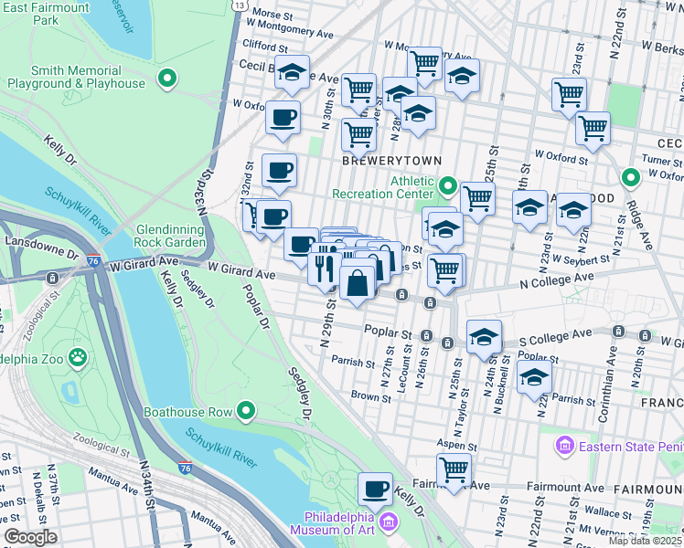 map of restaurants, bars, coffee shops, grocery stores, and more near 1215 North 29th Street in Philadelphia