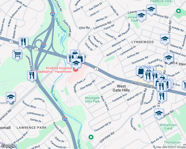 map of restaurants, bars, coffee shops, grocery stores, and more near 1852 Windsor Park Lane in Havertown