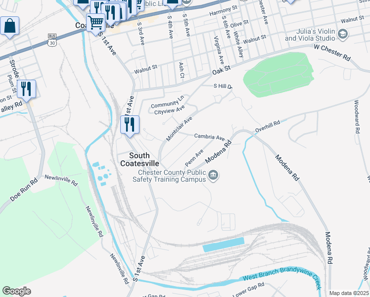 map of restaurants, bars, coffee shops, grocery stores, and more near 30 Lafayette Avenue in Coatesville