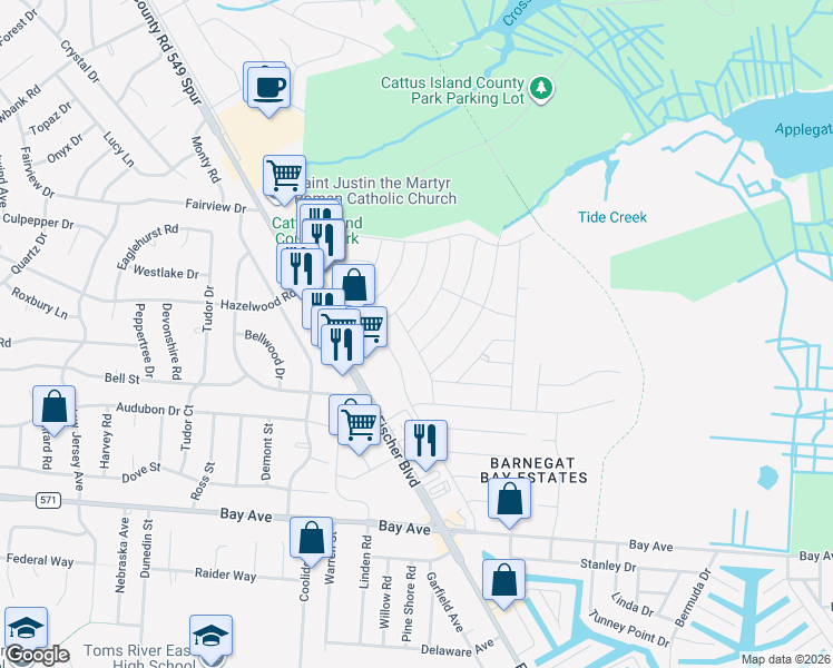 map of restaurants, bars, coffee shops, grocery stores, and more near 902 Salem Drive in Toms River
