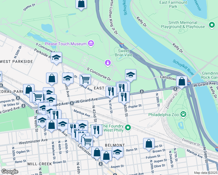map of restaurants, bars, coffee shops, grocery stores, and more near 1234 North 41st Street in Philadelphia