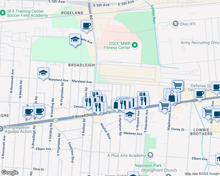 map of restaurants, bars, coffee shops, grocery stores, and more near 125 North Everett Avenue in Columbus
