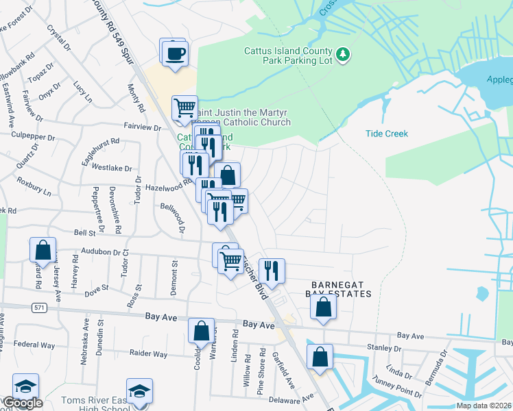 map of restaurants, bars, coffee shops, grocery stores, and more near 902 Salem Dr in Toms River