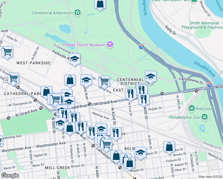 map of restaurants, bars, coffee shops, grocery stores, and more near 4165 Leidy Avenue in Philadelphia