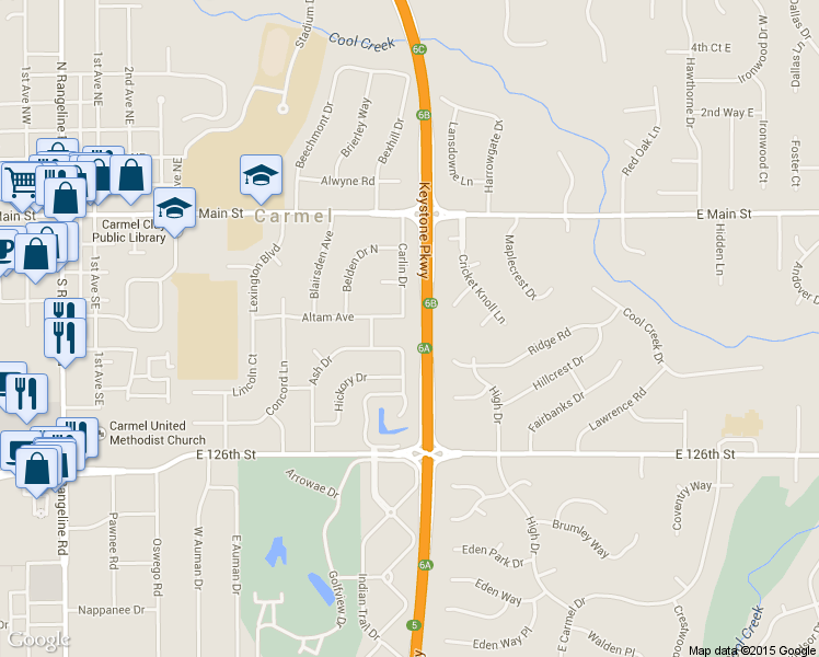 map of restaurants, bars, coffee shops, grocery stores, and more near 795 Altam Avenue in Carmel
