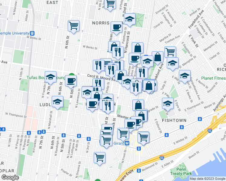 map of restaurants, bars, coffee shops, grocery stores, and more near 1609 North 2nd Street in Philadelphia