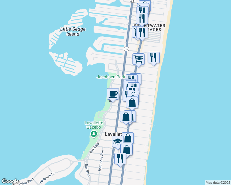 map of restaurants, bars, coffee shops, grocery stores, and more near 112 Guyer Avenue in Lavallette