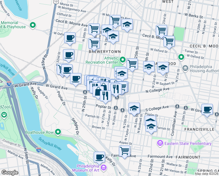 map of restaurants, bars, coffee shops, grocery stores, and more near 1237 North 27th Street in Philadelphia