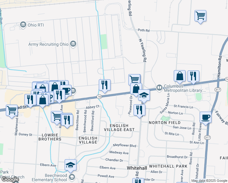map of restaurants, bars, coffee shops, grocery stores, and more near 4222 East Broad Street in Columbus