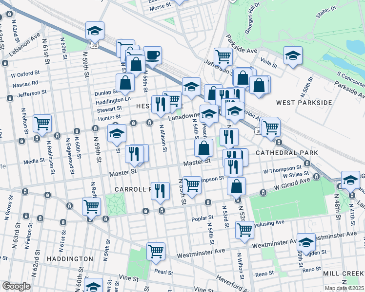 map of restaurants, bars, coffee shops, grocery stores, and more near 1454 North Conestoga Street in Philadelphia