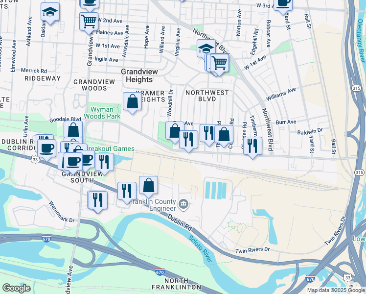 map of restaurants, bars, coffee shops, grocery stores, and more near 1244 Goodale Boulevard in Columbus