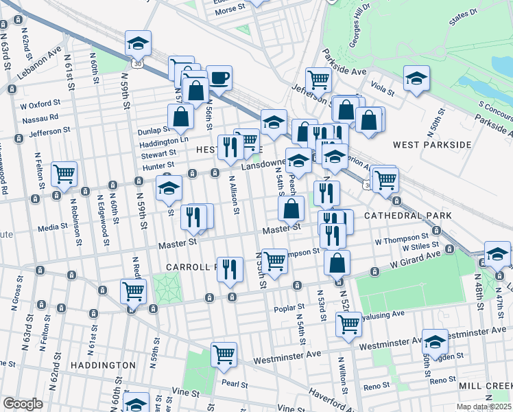 map of restaurants, bars, coffee shops, grocery stores, and more near 1455 North 55th Street in Philadelphia