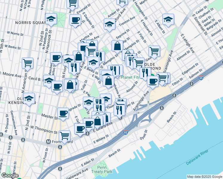 map of restaurants, bars, coffee shops, grocery stores, and more near 715 Belgrade Street in Philadelphia