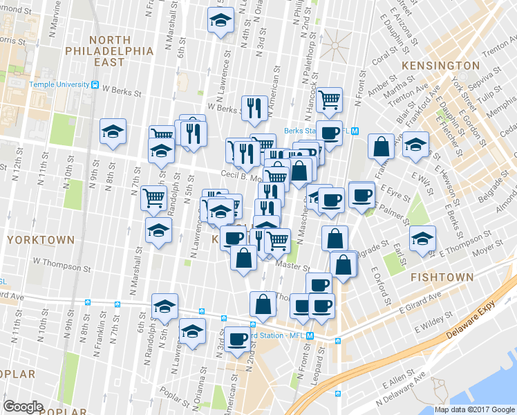 map of restaurants, bars, coffee shops, grocery stores, and more near 225 W Oxford St in Philadelphia