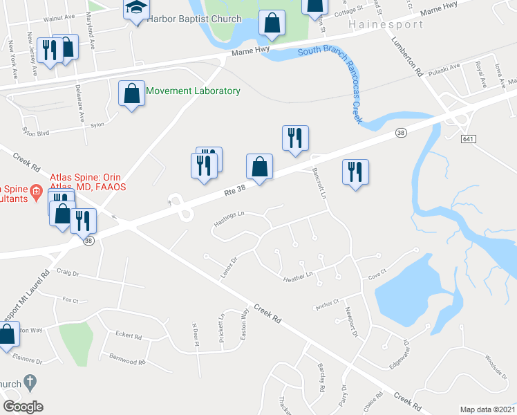 map of restaurants, bars, coffee shops, grocery stores, and more near 103 Hastings Lane in Hainesport