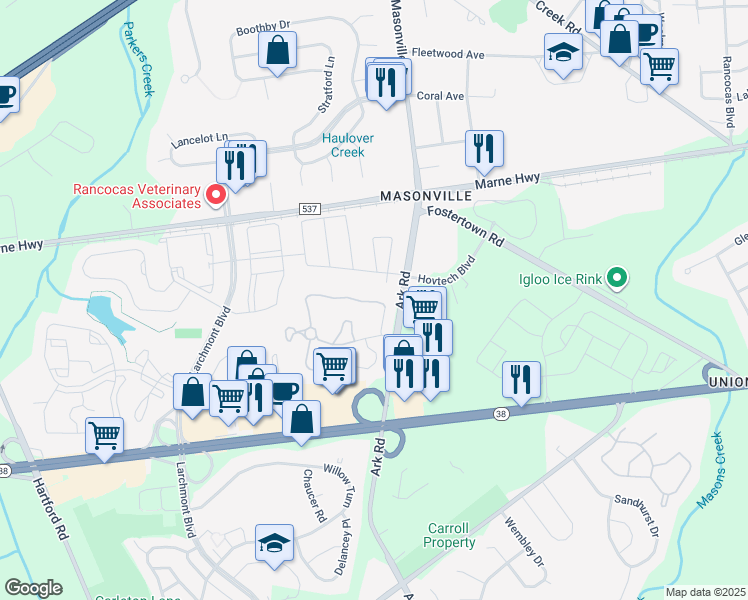 map of restaurants, bars, coffee shops, grocery stores, and more near 5401A Adelaide Drive in Mount Laurel Township