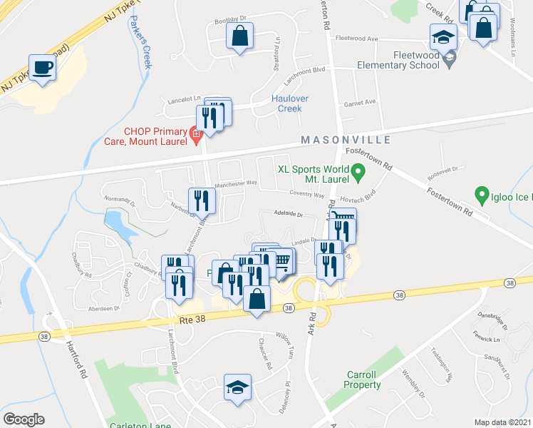 map of restaurants, bars, coffee shops, grocery stores, and more near 3907A Adelaide Drive in Mount Laurel Township