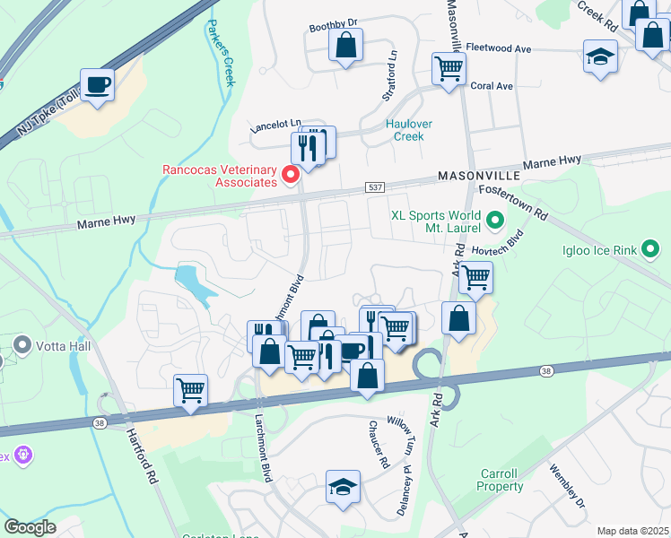 map of restaurants, bars, coffee shops, grocery stores, and more near 906B Saxony Drive in Mount Laurel Township