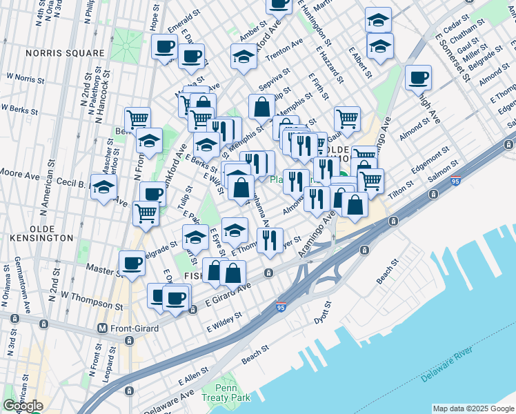 map of restaurants, bars, coffee shops, grocery stores, and more near 802 Belgrade Street in Philadelphia