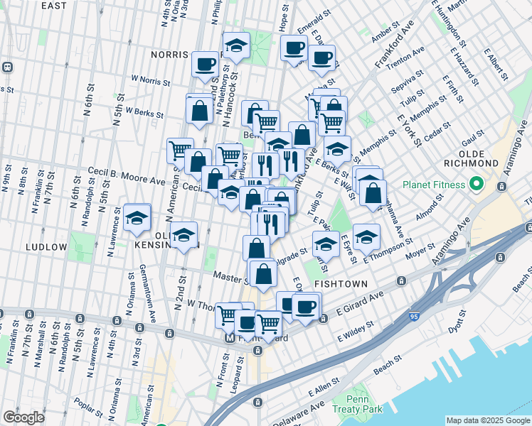 map of restaurants, bars, coffee shops, grocery stores, and more near 1712 Frankford Avenue in Philadelphia