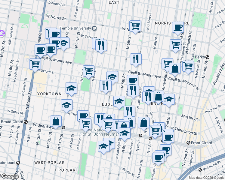 map of restaurants, bars, coffee shops, grocery stores, and more near 1517 North 7th Street in Philadelphia
