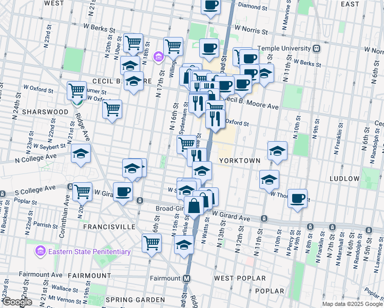 map of restaurants, bars, coffee shops, grocery stores, and more near in Philadelphia
