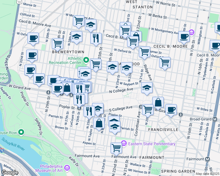 map of restaurants, bars, coffee shops, grocery stores, and more near 1260 North 23rd Street in Philadelphia