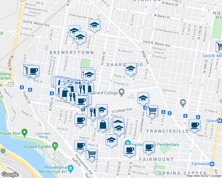 map of restaurants, bars, coffee shops, grocery stores, and more near 1210 North 24th Street in Philadelphia