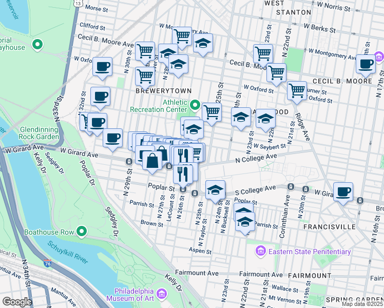 map of restaurants, bars, coffee shops, grocery stores, and more near 1239 North 26th Street in Philadelphia