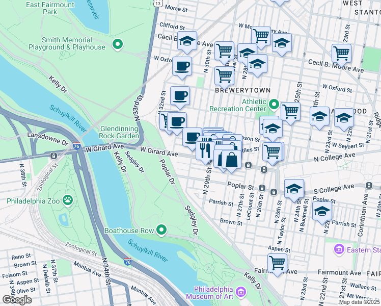 map of restaurants, bars, coffee shops, grocery stores, and more near 2949 West Girard Avenue in Philadelphia