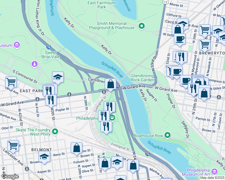 map of restaurants, bars, coffee shops, grocery stores, and more near 3400 West Girard Avenue in Philadelphia