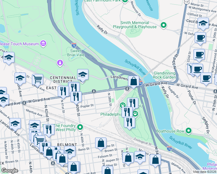 map of restaurants, bars, coffee shops, grocery stores, and more near 3801 West Girard Avenue in Philadelphia