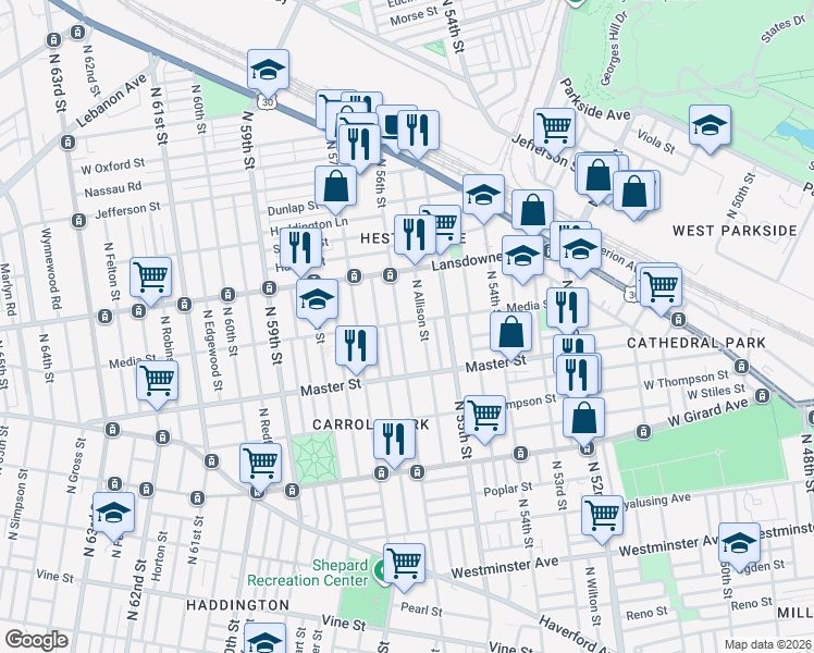 map of restaurants, bars, coffee shops, grocery stores, and more near 5549 Media Street in Philadelphia
