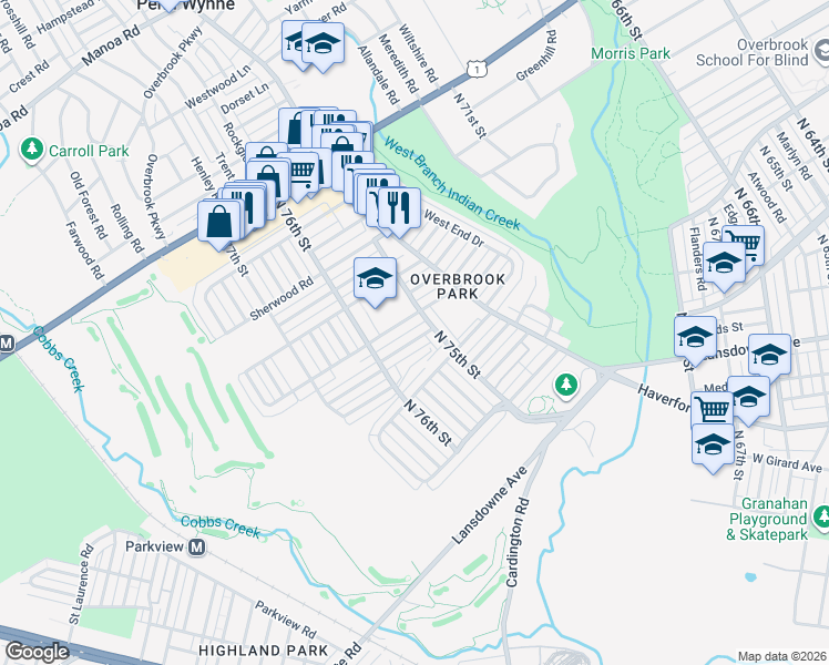 map of restaurants, bars, coffee shops, grocery stores, and more near 7507 Woodcrest Avenue in Philadelphia