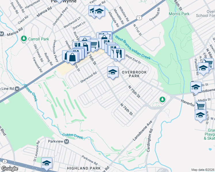 map of restaurants, bars, coffee shops, grocery stores, and more near 1625 Pennington Road in Philadelphia