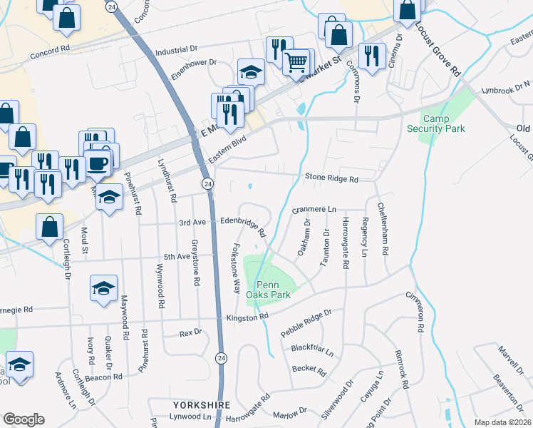 map of restaurants, bars, coffee shops, grocery stores, and more near 3364 Appleford Way in York