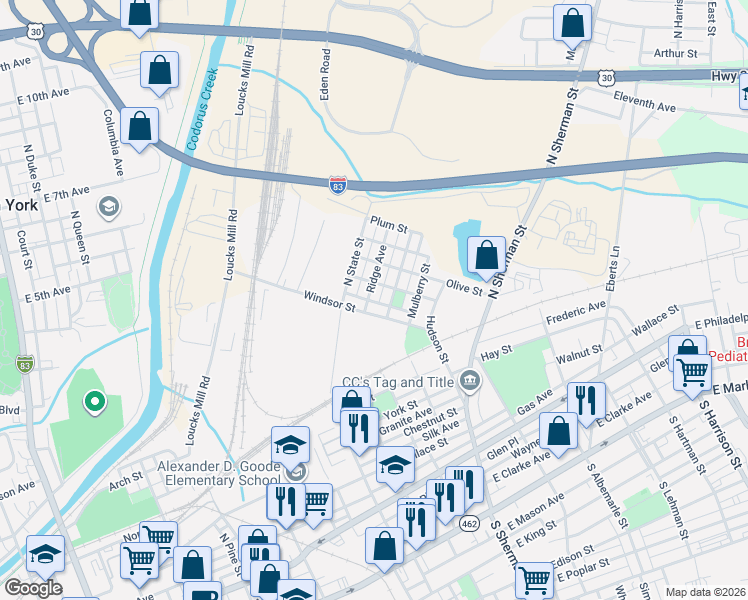 map of restaurants, bars, coffee shops, grocery stores, and more near 612 Ridge Avenue in York