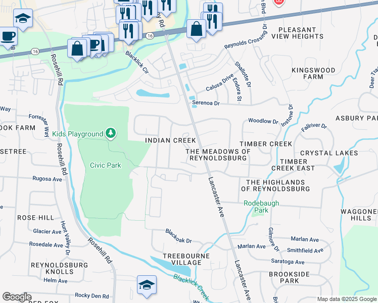 map of restaurants, bars, coffee shops, grocery stores, and more near 7041 Shawnee Way in Reynoldsburg