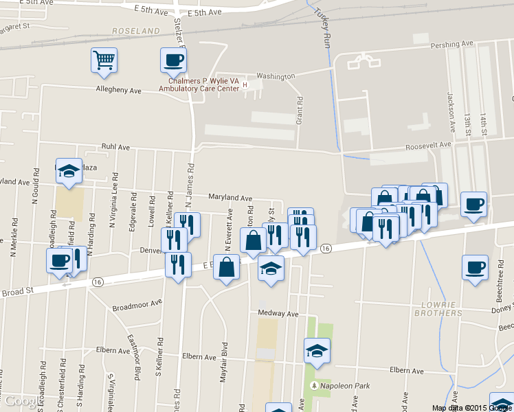 map of restaurants, bars, coffee shops, grocery stores, and more near 115 North Hampton Road in Columbus