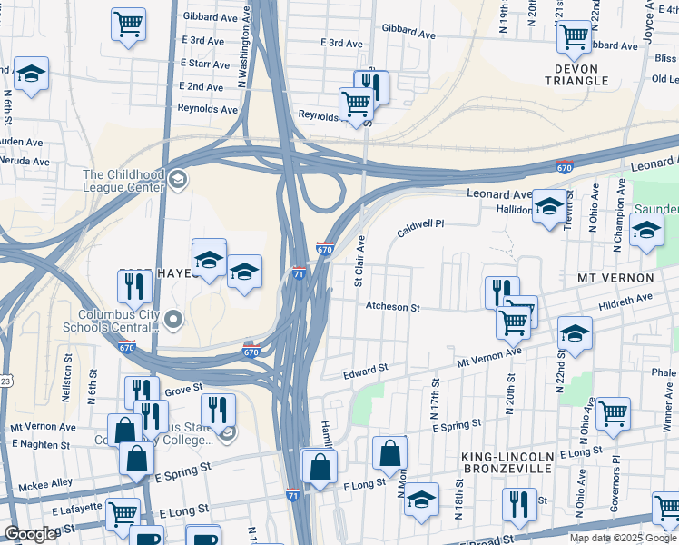 map of restaurants, bars, coffee shops, grocery stores, and more near 502 Hamilton Avenue in Columbus